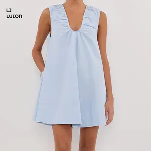 Women's Sleeveless Babydoll Tank Mini Dress Scoop Neck Ruched Short Dress with Side Pockets Summer Party Dresses