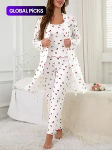 Cherry Print Women's Nightgown Set, Robe, Cami and Pants, Comfortable Casual Home Wear, All-Season Fitted Sleepwear, Medium-Weight Fabric
