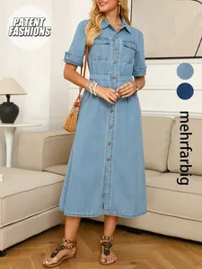 French Vintage Button Front Denim Dress, Casual A-Line Waist Cinching Design, Conceals Flaws, Tall Appearance, Daily Wear, Spring