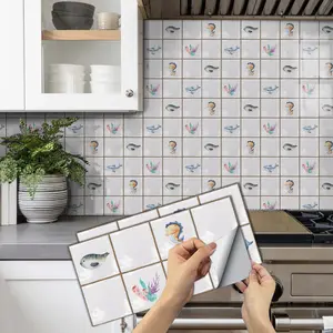 6/12/24/48 PCS Vintage FG Tile Stickers, Marine Life White Subway Tile, PVC Crystal Film, Peel & Stick Backsplash, Waterproof Oil-Proof DIY Self-Adhesive Wall Decor