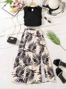 Girl's Tank Top & Leaf Print Skirt Two-Piece Set, Elegant Fashion Casual Two Piece Outfits for Daily Outdoor Wear, Girls Set for Summer