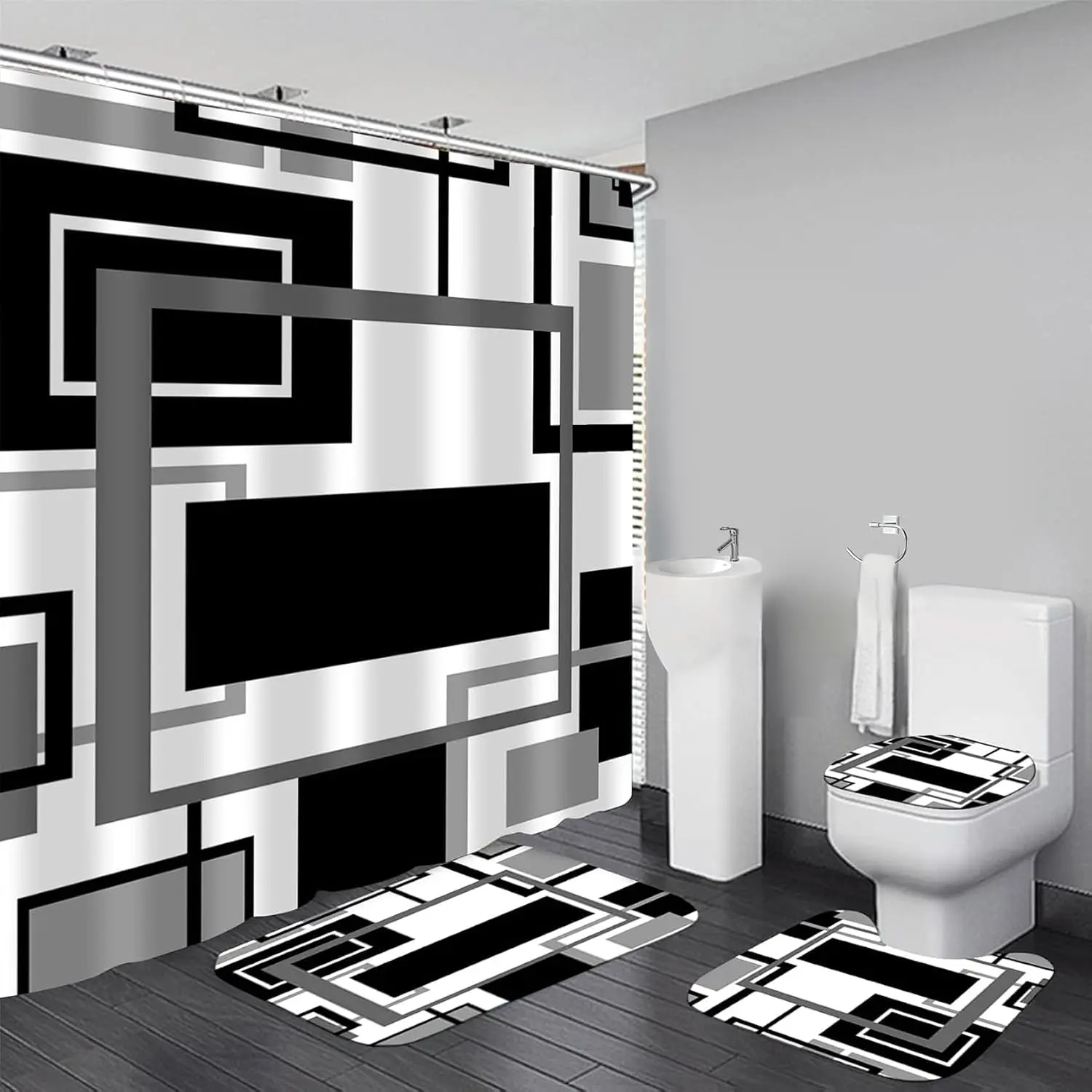 1/4 Pcs Black Geometric Shower Curtain Sets with Rugs Black Bathroom Sets with Shower Curtain and Rugs Modern Bathroom Curtains Shower Set with Toilet Lid Cover for Bathroom Decor Accessories