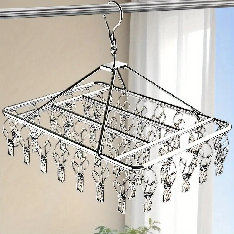 20/30/40 Pocket Stainless Steel Sock Rack, Windproof Rotating Hook, Foldable Multi-Pocket Laundry Rack, Multifunctional Hanger, Home Essentials, Sock Clips, Foldable Hangers, Windproof Drying Hanger, Hanger Space Saving