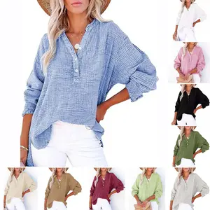 Women's Long Sleeve Pleated Button Shirt, Solid Color Loose Fit Pullover Blouse, Fashion Casual Top for Spring and Fall Everyday Wear