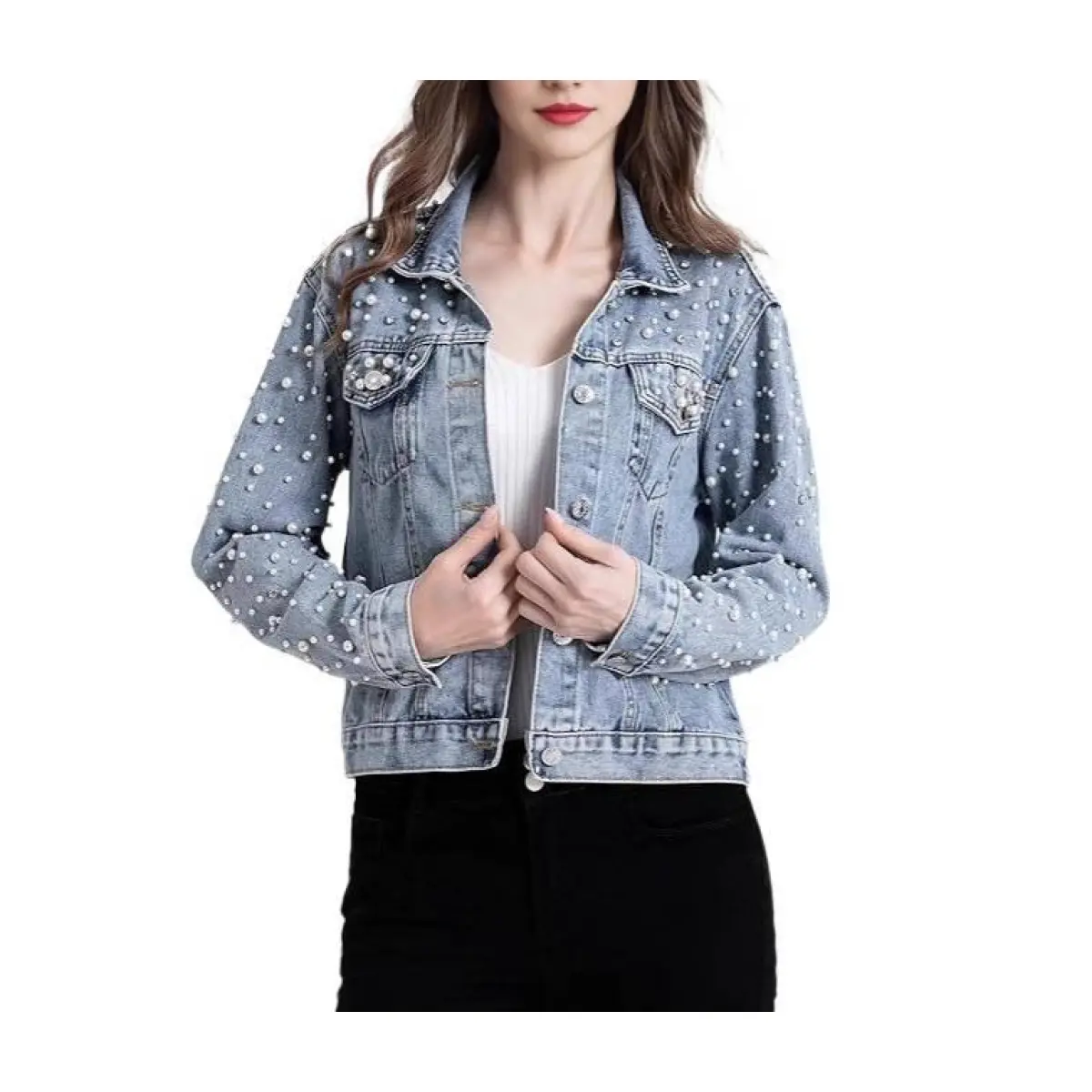 Women's Statement Denim Jacket with Rhinestone & Stud Embellishments - Full Length Tailored Fit Tops, Multi-Size, Style, Crystal, Glamorous, Cuffed Sleeves, Long Sleeve, Coats, Fitted, Casual, Piece, Denim Blend