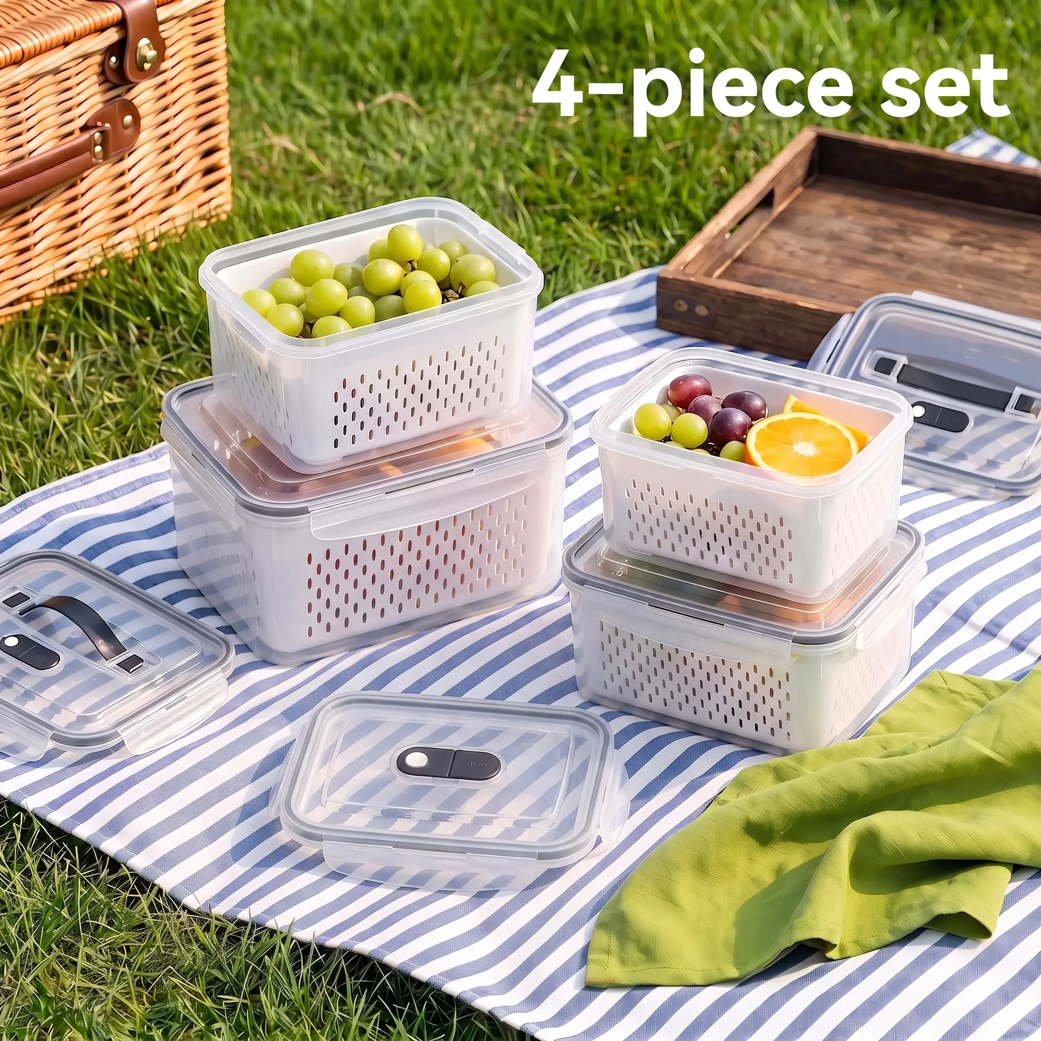 4-Pack Stackable Food Storage Containers with Removable Colander Baskets, Multi-Size Fridge Organizer Bins for Fruit and Vegetable Fresh-Keeping