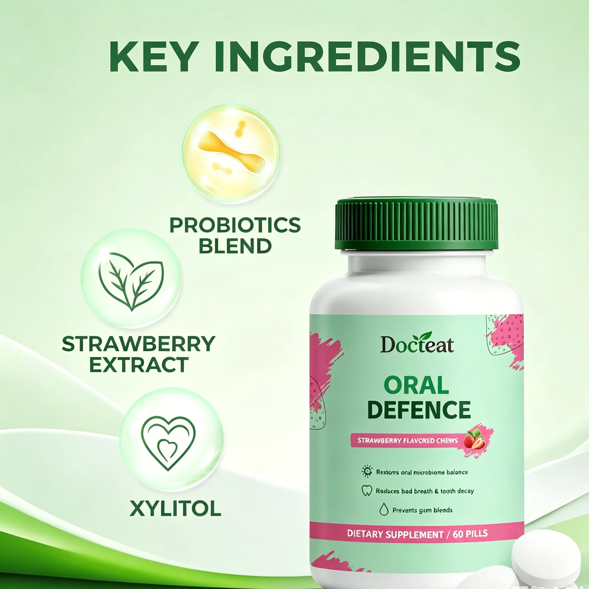Oral Probiotics Supplement for Fresh Breath, Teeth and Gums Health, Strawberry Flavor, 60 Count