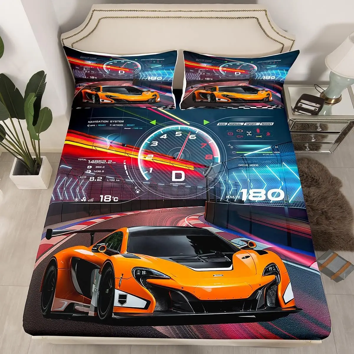 Feelyou Race Car Microfiber Bedding Set - Extreme Sports Themed Fitted Sheet, Bed Covers, Luxury Twin Full Size Linens Set, Luxury Twin Full Set