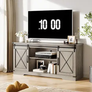 Gray Farmhouse TV Stand and Entertainment Center for TV Up to 65 Inches with Sliding Barn Doors and Adjustable Shelf TV Media Storage Console Table and Furniture for Living Room Bedroom - Grey