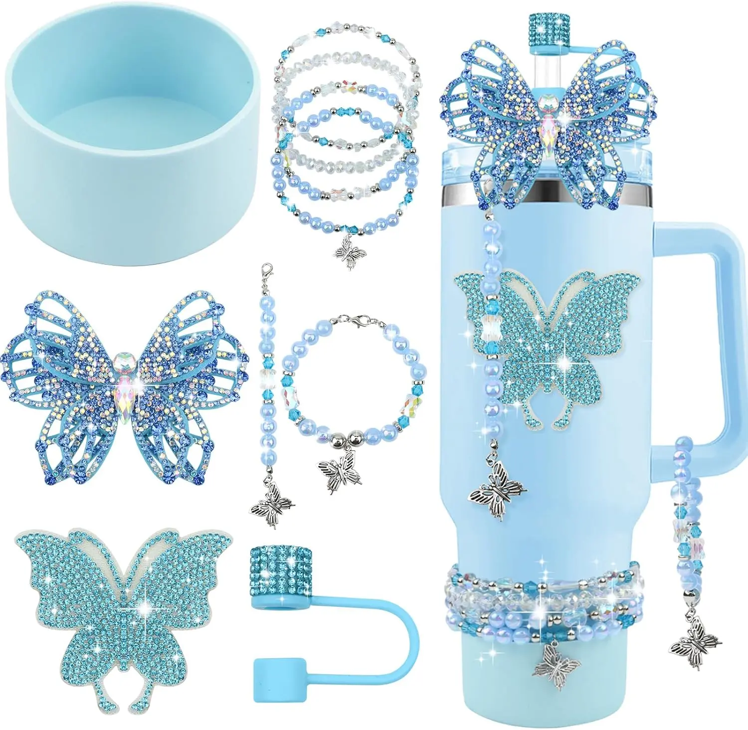 10PCS Accessories for Stanley Cup Tumbler Accessories 40&30oz, Diamond Butterfly Charms for Stanley Cup Including Straw Cover Topper Silicone Tumbler Boot Stickers Bracelets Handle Charm