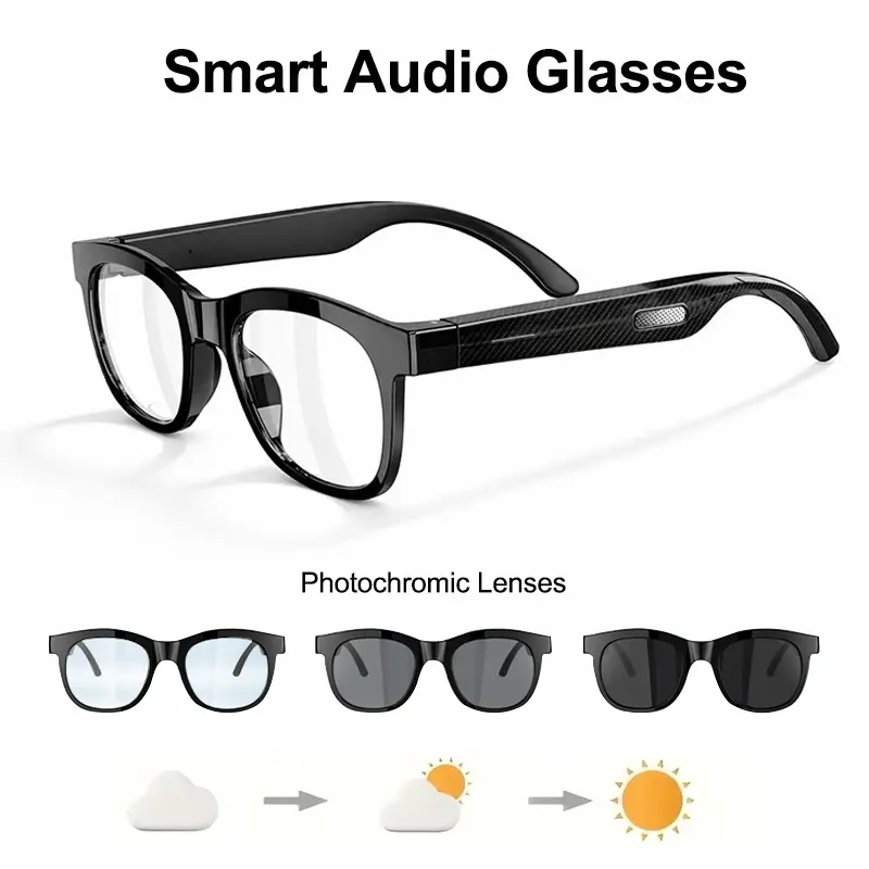 Smart Bluetooth Audio Glasses, Open-Ear Audio, Clear Hands-Free Calls, Automatic Photochromic Lenses, UV & Blue Light Protection, Touch Control, Voice Assistant, Carbon-Fiber-Style Temples, Fashion Wireless Eyewear for Daily Wear, Driving & Outdoor Use