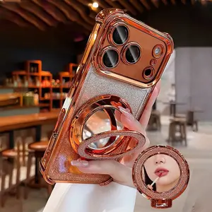 Acrylic corner shockproof, electroplated frame, phone case for iPhone 17/16/15 Pro Max/14/13/12 Pro Max Plus Air, Shiny magnetic suction stand mirror MagSafe magnetic protection case, coated back shell for shockproof