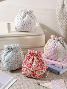 Fashion Floral Print Drawstring Bag, Cute Drawstring Makeup Bag, Ethnic Style Cosmetic Storage, Grid Travel Essential Gift