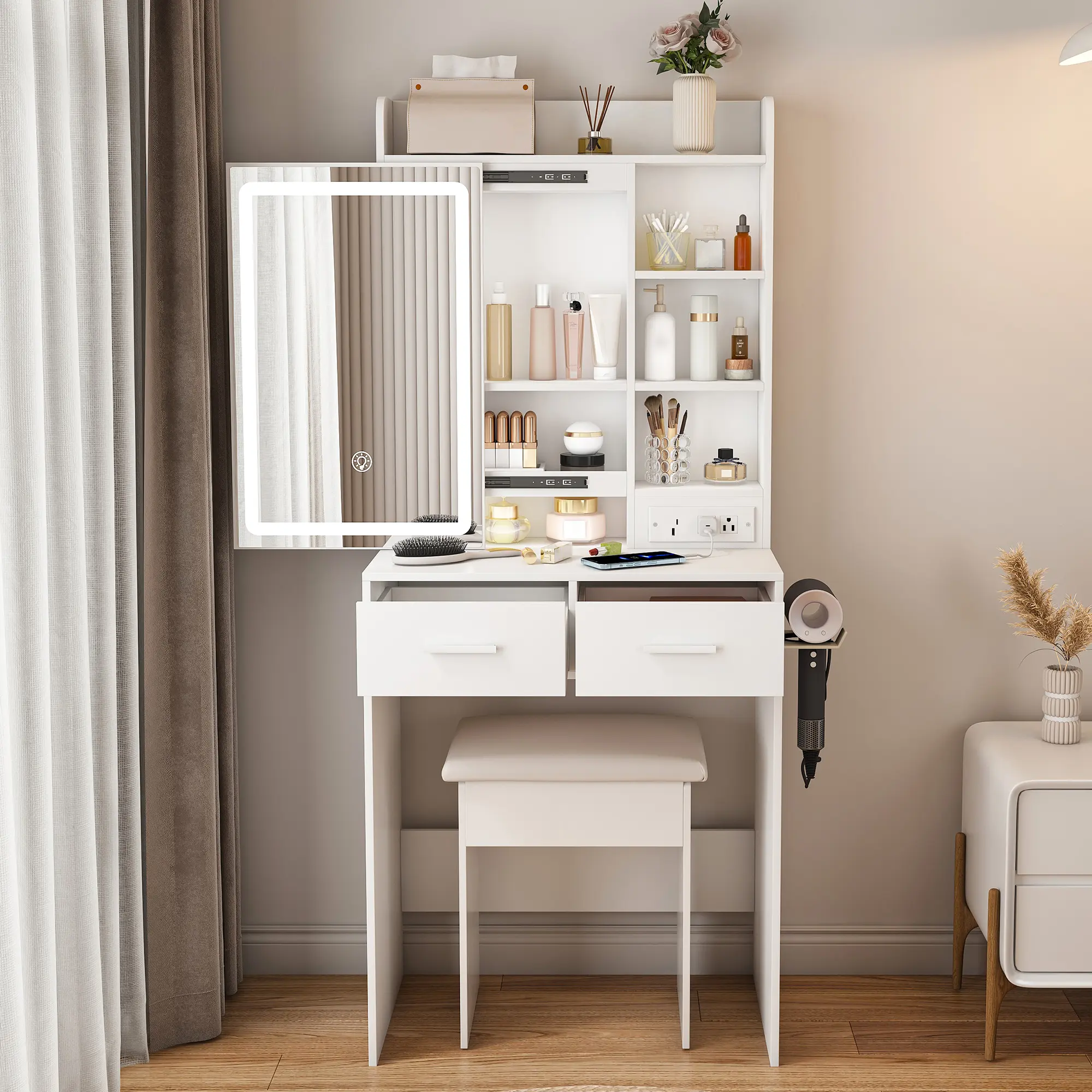 Spaco Makeup Vanity with Lights - Modern Dimmable MDF Desk, Adjustable LED Mirror, Hidden Drawer-Style Storage, Padded Stool, Shelf for Small Bedrooms (Drawer-Style, Modern Vanity Table Options), Dimmable Vanity Table