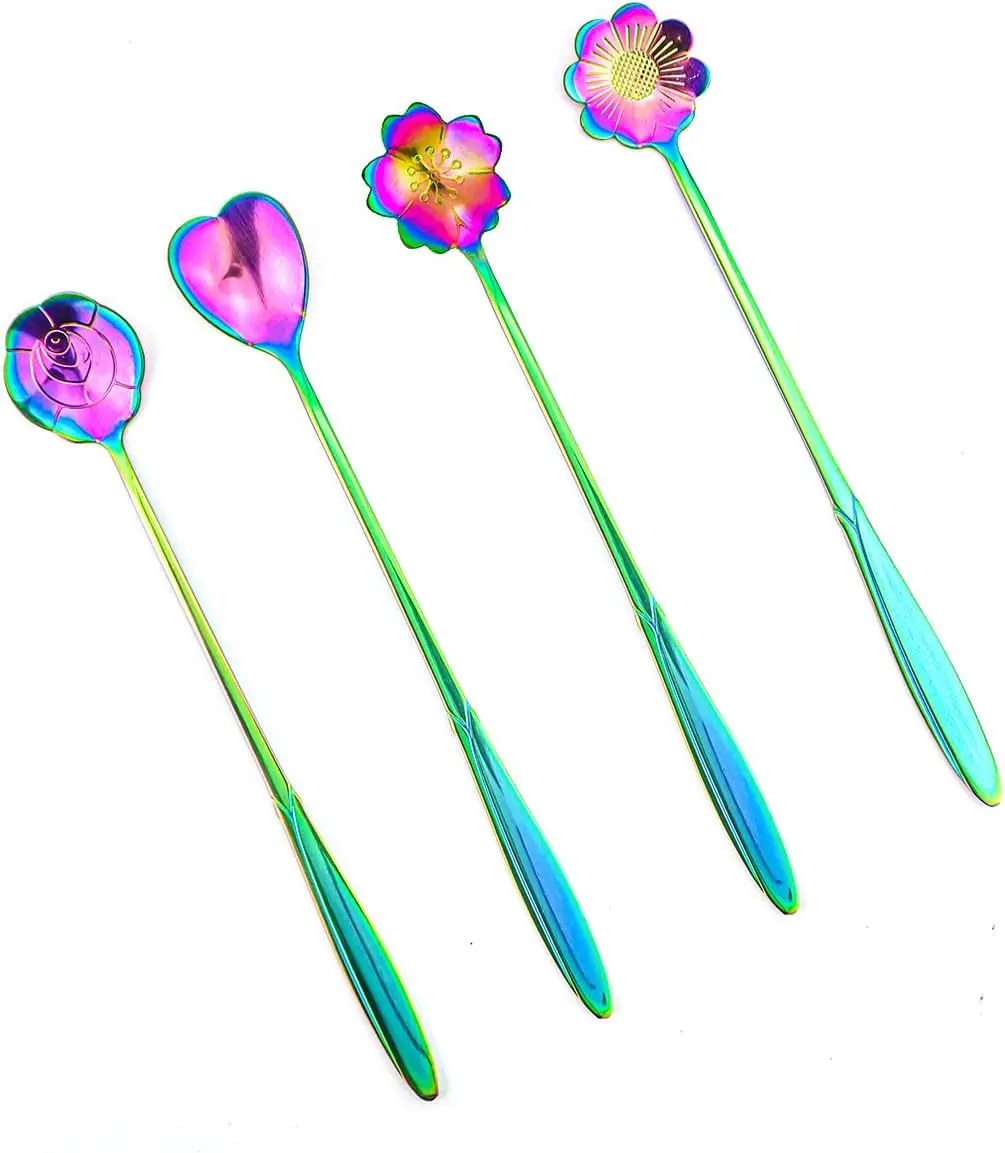 Flower Spoon Set of 4, 7 Inches Stainless Steel Reusable Cute Tea Spoon for Drink Mixing Milkshake Jam (Rainbow)