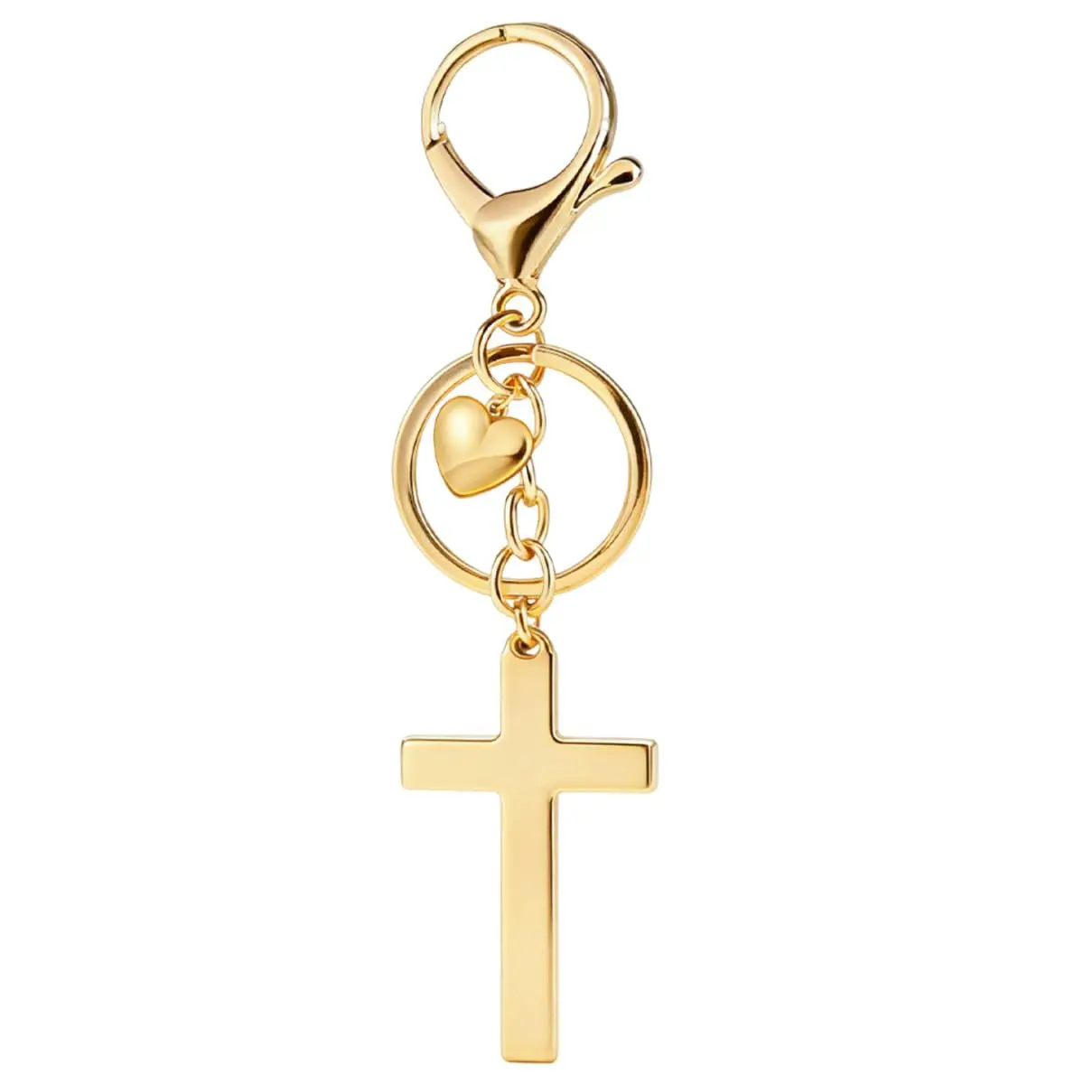 Cross Keychain with Heart Charm Gold-Tone Clip-On Key Holder Bag Charm Faith Style Daily Decor Accessory