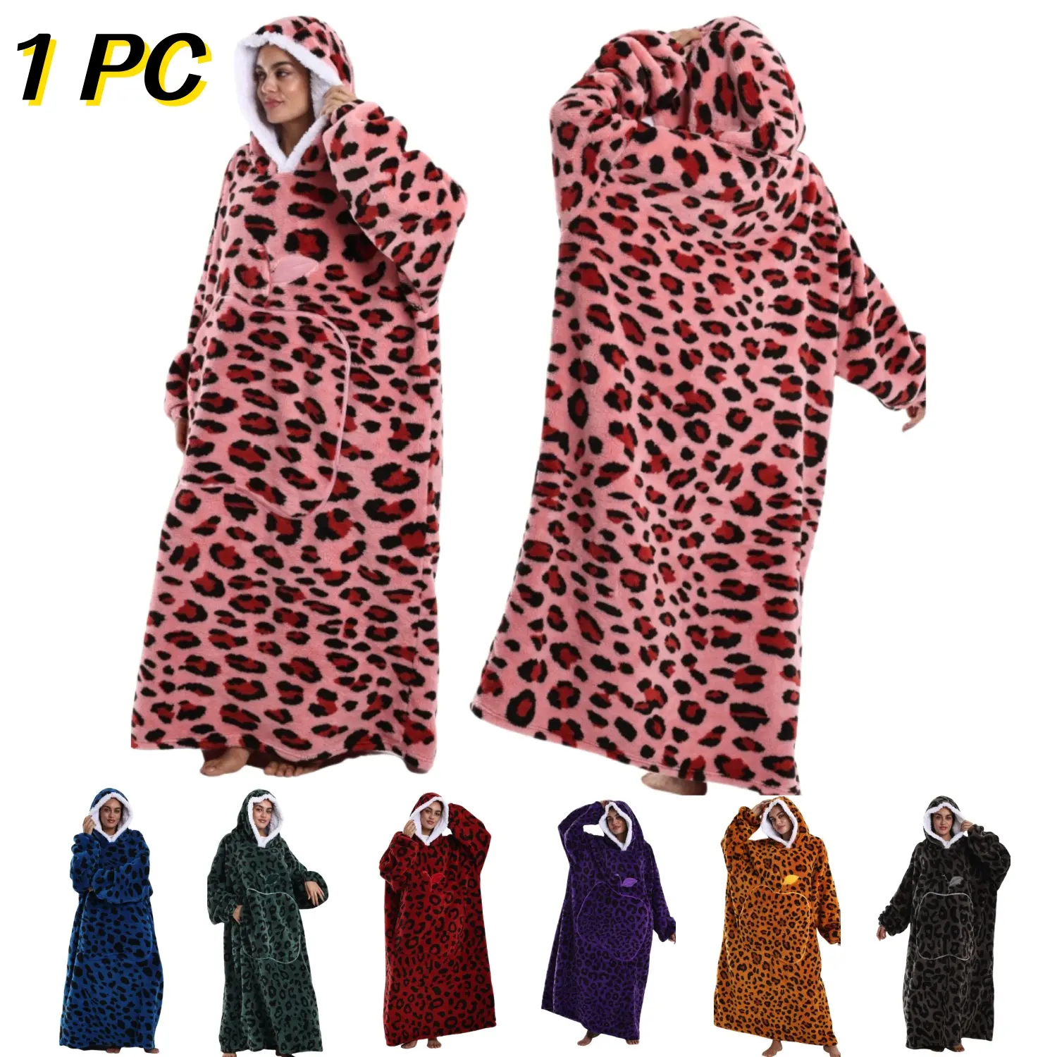 Leopard Print Apple Pocket Loungewear Blanket, Thickened Long Hooded Couple Home Clothes, New Teddy Fleece Wearable Blanket, Leopard Pattern Blanket, Cheetah Print Blanket