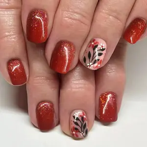 Red-Brown Toned Press-On Nails with Leaf and Flower Designs – Easy DIY Application