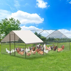 Large Metal Chicken Coop, Walk-in Poultry Cage, Chicken House with Waterproof and Anti-Ultraviolet Cover for Outdoor Yard Farm Silver 9.8X19.7X6.6FT