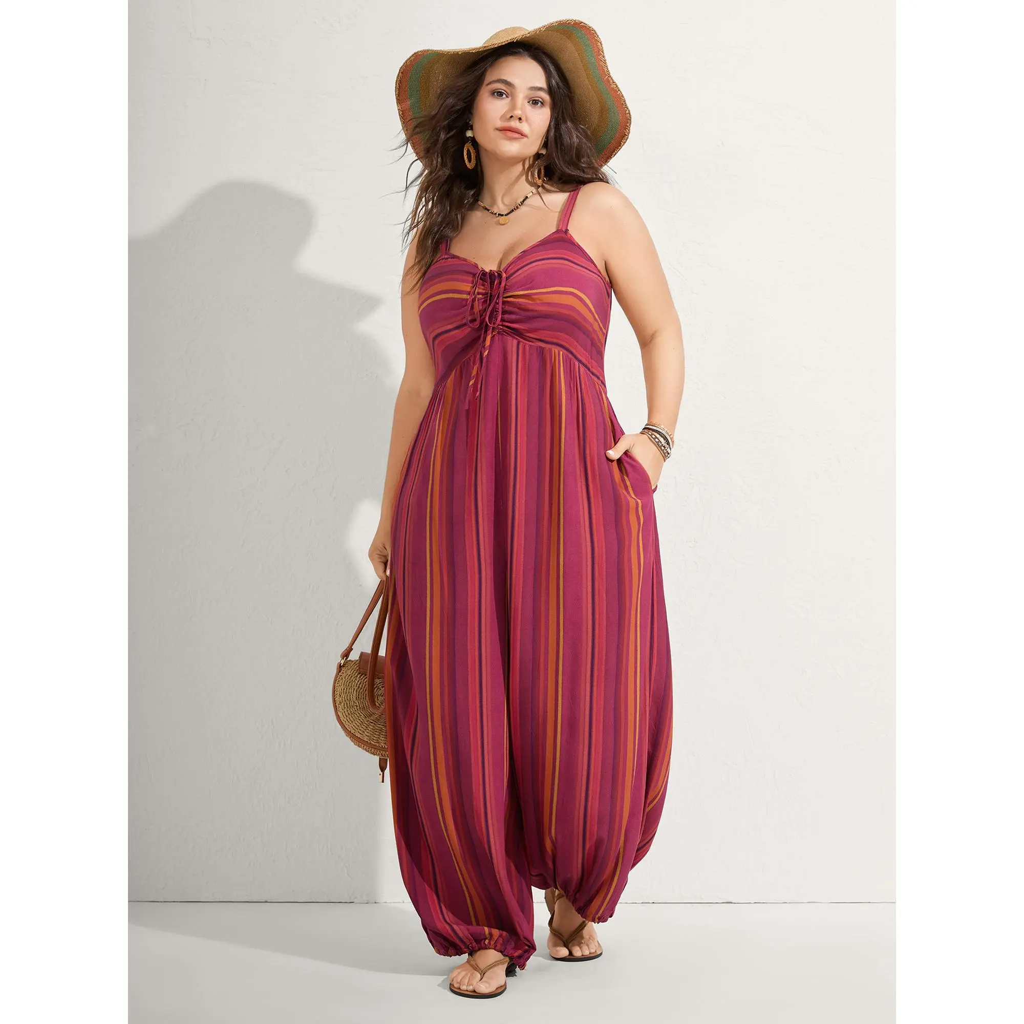 BloomChic Plus Size Bohemian Striped Harem Jumpsuit, Sleeveless V-Neck in Breathable Rayon for Simple Everyday Wear with Pockets, Smooth, Comfy, Fabric, Fit, Soft, Stripes, Drawstring Waist, Maxi Length, Low Iron, Vertical Stripes