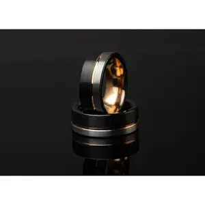 Moonlight - Tungsten Silver & Black Ring, Rose Gold Inlay Band, 8mm
