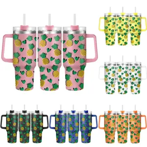 Pineapple Pattern Tumbler, 1 Count 40oz Stainless Steel Water Bottle with Straw & Handle, Drinking Cup for Home Office School Outdoor Camping, Drinkware