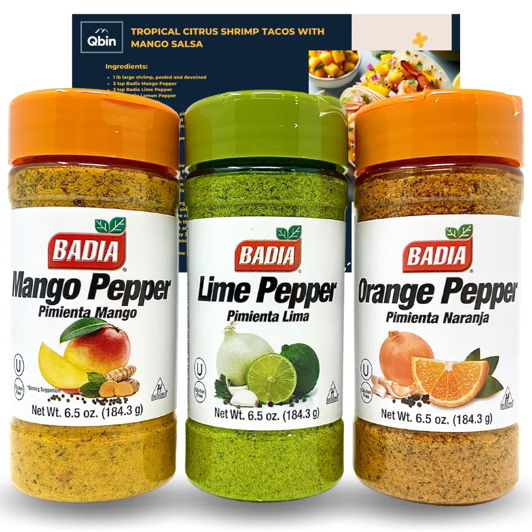 Badia Tropical Citrus Pepper Seasoning Trio - Mango, Lime & Orange Flavored Spice Blend, Perfect for Seafood and Poultry - 6.5 oz Each - QBIN Recipe Card - Variety Pack of 3