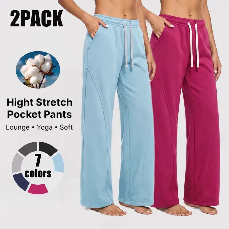 Women’s 2-Pack Loose Wide-Leg Sweatpants - Drawstring Elastic Waistband, Pockets, Soft Skin-Friendly Cotton Blend Fabric, Fluid Drape - Baggy Athletic Pants for Home, Workouts, Casual Wear