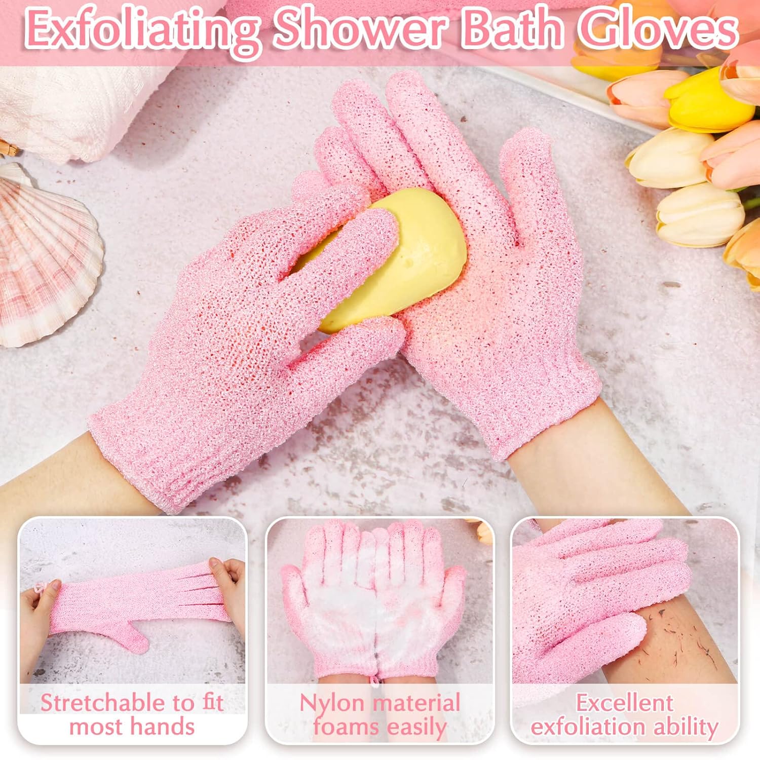 Set of Exfoliating Bath Gloves and Back Scrubber for Body and Face - Perfect for Showers and Baths (Pink)
