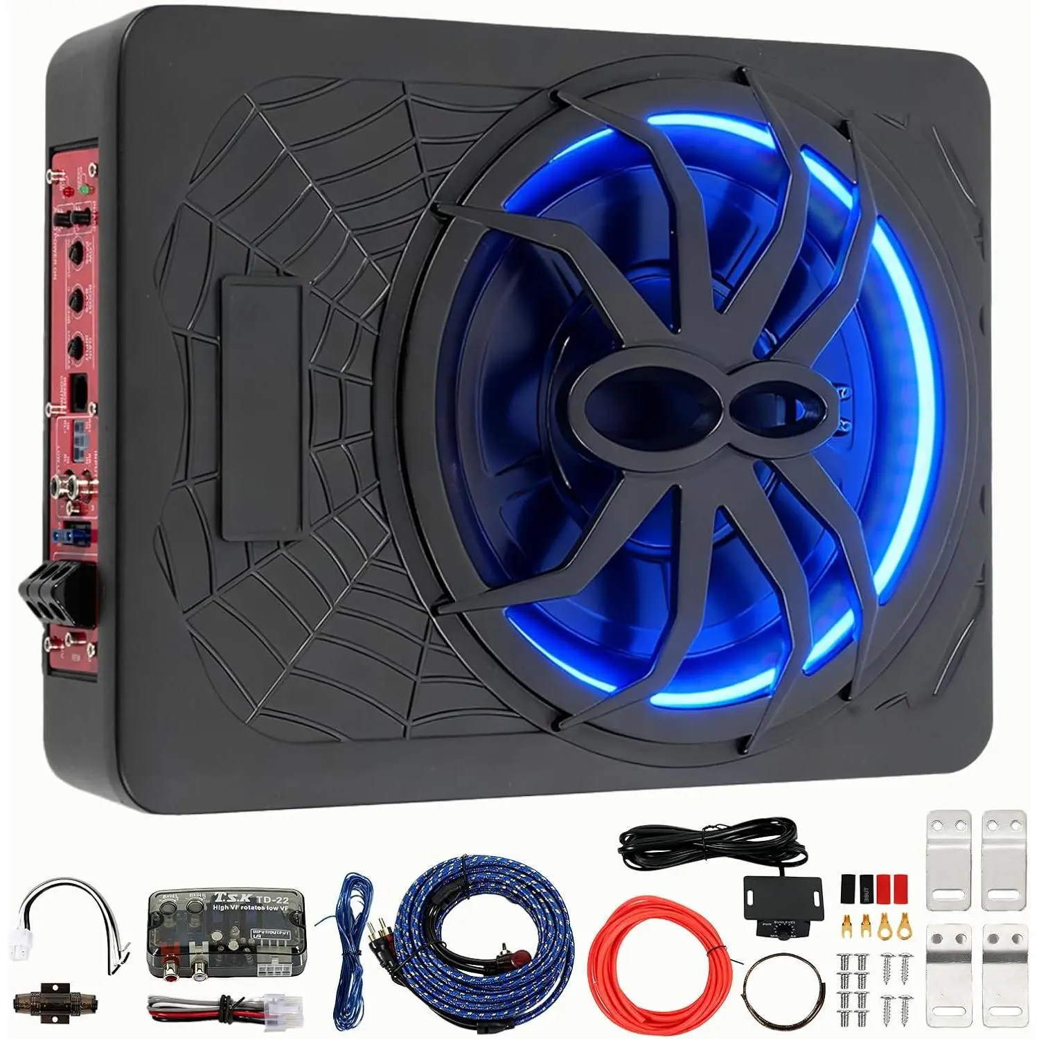2025 Upgraded 10" Slim Car Subwoofer 1200W, Under Seat Powered Car Subwoofer Car/Truck Audio Sub Built in Amplifier amp Combo with Blue LED Lights & High/Low Level Input, Bass That Hits Hard