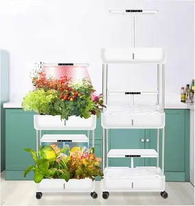 GROW24 Indoor Hydroponic Growing System with LED Lights, 3-4 Tier Mobile Cart, Adjustable Shelves, Black and White