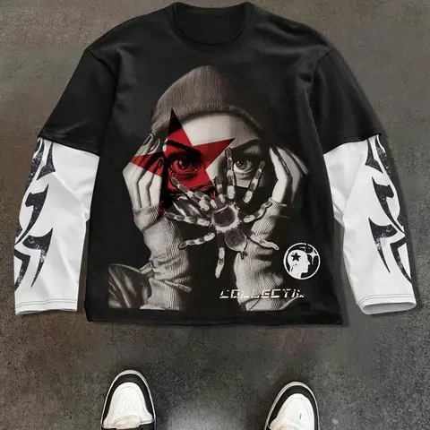 Unisex's  Graphic Print 2 in 1 Long Sleeve Tee, Regular Fit Street Fashion Casual Comfy Round Neck Pullover for Daily Wear, Casual Matching Clothing, Trendy Top for Spring & Fall