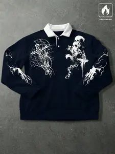 Unisex Skull Totem Polo Sweatshirt, Plaid Pattern, Long Sleeve, Fleece Material, Casual Wear, Bold Edgy Style, All Seasons, Street Style
