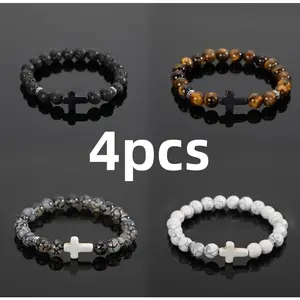 Elegant Cross Beads Bracelet Set 4/6/9 pcs for Men Women Adjustable 8mm Natural Lava Stone Beads Anti-Allergy Stainless Steel Cross Cuff Charm Bracelets Unisex Beauty & Personal Care All Skin Types