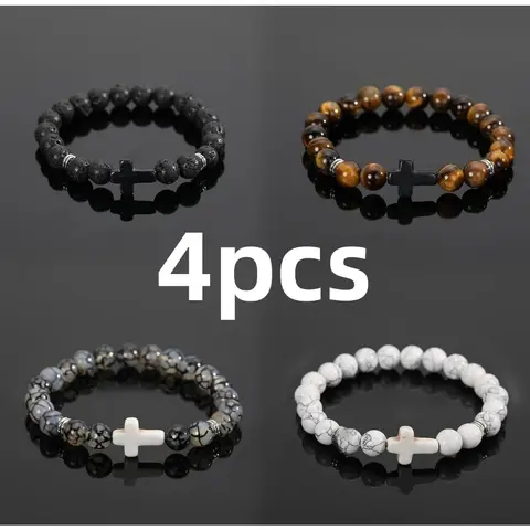 Unisex Classic 4/6/9 Pcs Cross Beads Bracelet Set, 8mm Natural Lava Stone Adjustable Hypoallergenic Bracelets, Skin-Safe Steel Pressure Relief Birthday Gift for Adults