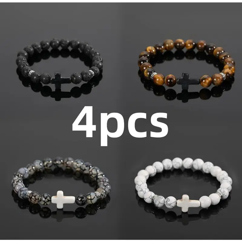 Unisex Classic 4/6/9 Pcs Cross Beads Bracelet Set, 8mm Natural Lava Stone Adjustable Hypoallergenic Bracelets, Skin-Safe Steel Pressure Relief Birthday Gift for Adults