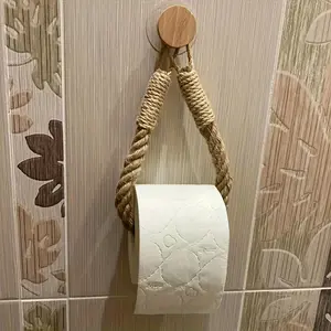 Hemp Rope Towel Holder, 2/4 pcs Creative Retro Wall-Mounted Towel Rack Toilet Paper Roll Holder with Wood Hook Beach Themed Home Bathroom Decor - No Punching