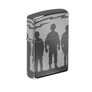 Zippo Lighter US Soldiers Silhouette Design with Black Ice Finish for Patriotic and Refined Appearance - Sophisticated and Elegant Accessory