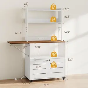 Vividwood Bakers Rack with Power Outlet and Storage, Farmhouse Kitchen Hutch with Cabinet, 5-Tier Mobile Microwave Stand with Foldable Side Table, Storage Shelves, 6 Hooks & Wheels