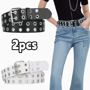 2pcs Women's Punk Style Double Grommet Studded Fashion Belt - Rivet & Chain Belt Suitable for Jeans, Shorts, Dresses - Edgy Casual, Party Wear，Daily Commute Trendy Versatile Student beach essentials tiktokshopspringglowup men accessories