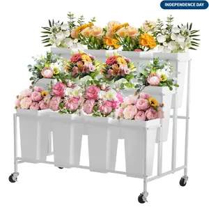 Flower Display Stand,3 Tier Flower Cart with 12 Round Buckets and Wheels, Moving Flower Cart Display Stand for Garden, Wedding, Flower Shop,White