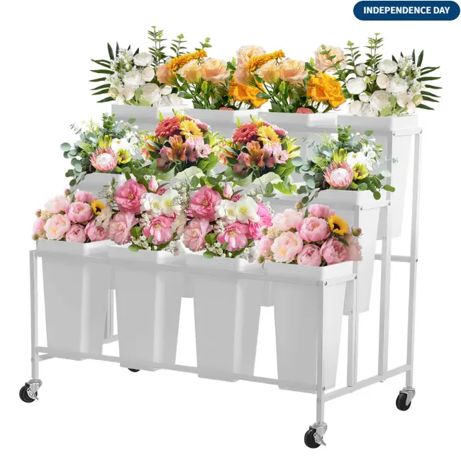 Flower Display Stand,3 Tier Flower Cart with 12 Round Buckets and Wheels, Moving Flower Cart Display Stand for Garden, Wedding, Flower Shop,White
