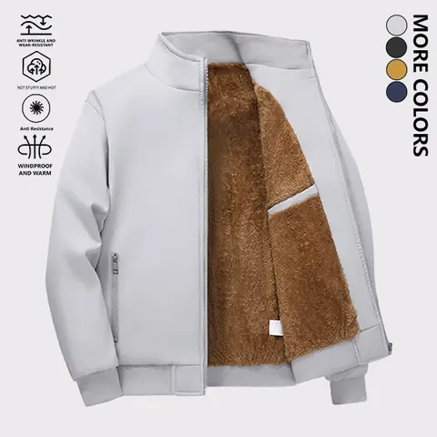 Men's Fitted Woven Plain Long Sleeve Casual Zip Coat - Vintage Business Style, Stand Collar, Fleece-Lined Thermal, Windproof, Durable Outerwear for Autumn Winter Daily Commuting, Menswear Jackets & Tops