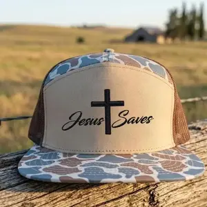 Jesus Saves Embroidered 7 Panel Hat – Brown/Khaki/Brackish/Bottomland Camo/White/Black Mesh Snapback, Christian Faith Trucker Cap