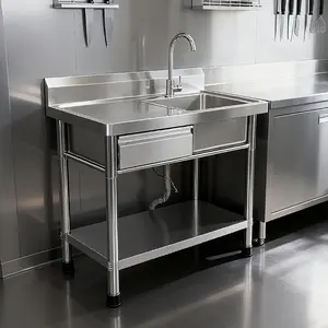 Stainless Steel Utility Sink, 40'' Free Standing Single Bowl Sink Workbench, Drawer Storage, Cold and Hot Water Pipe for Laundry, Kitchen, Garage, Outdoor, Easy to Clean