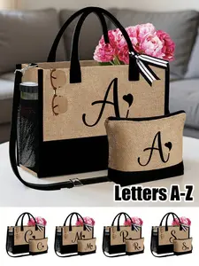 Women's Beach Handbag Set with Shoulder Strap, Customizable A-Z Letter Initials, Large Capacity, Includes Makeup Bag and Small Pouch