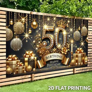 2D Flat Banner, 50. Golden Jubilee, Happy Birthday Celebration, Banner - Durable Material, Suitable for Birthdays, Gifts, No Electricity Needed, Indoor/Outdoor Decoration, 2D Flat Design.