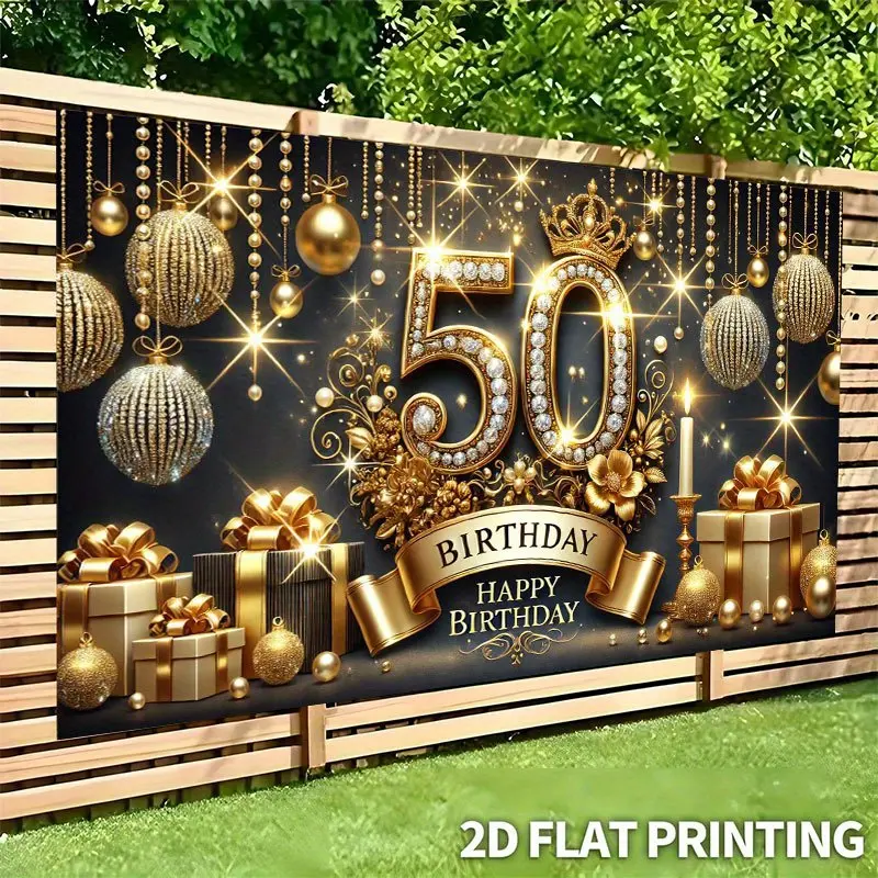 50 Floral Pattern 2D Flat Textile Banners - Flowers & Glam Durable Ornaments, No Electricity Needed, for Golden Jubilee Birthdays, Indoor-Outdoor Textile Decor
