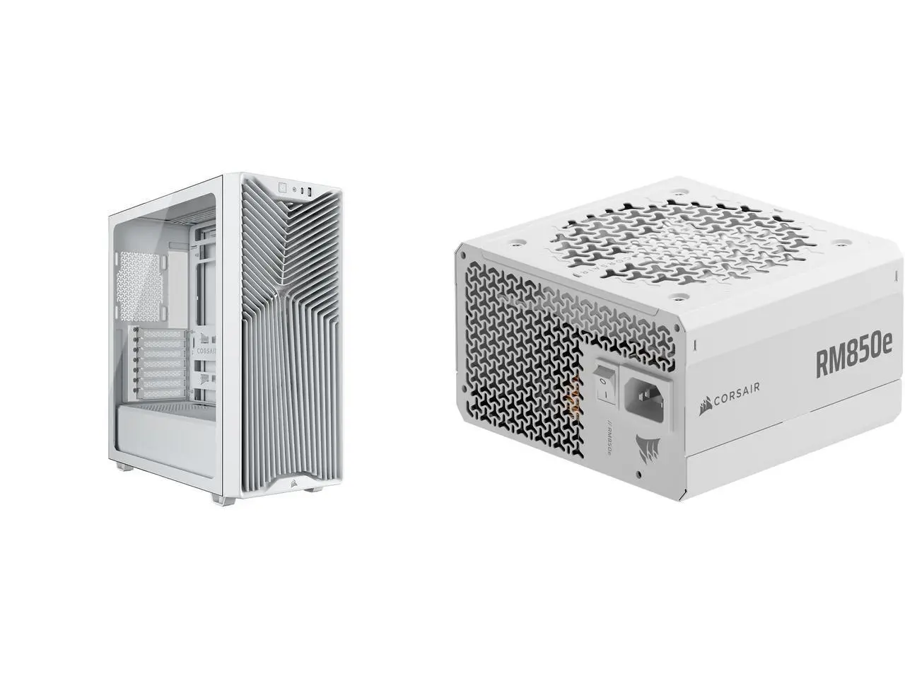 CORSAIR 3200D RS Mid-Tower PC Case - 360mm radiator support - Compatible with ASUS BTF, MSI Project Zero, Gigabyte Project Stealth - Angled bottom fan for GPU cooling - White CORSAIR RM850e Modular ATX Power Supply, Cybenetics Gold, ATX 3.1