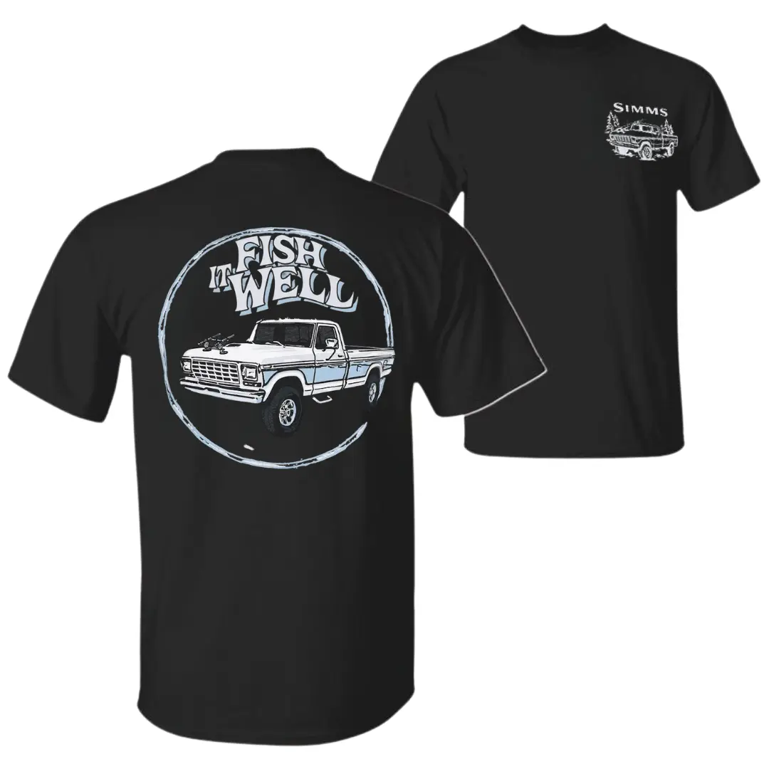 Simms Fish It Well Oversize T-Shirt, Retro Pickup Truck Graphic Tee with Classic Fishing Rod Art, Simms Fishing Products Shirt for Angler Lifestyle, Outdoor Adventure Wear for Men, Gift for Vintage Truck and Fishing Fans